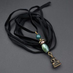 Green stone crystal and Buddha pendant, thin black velvet lace charm choker